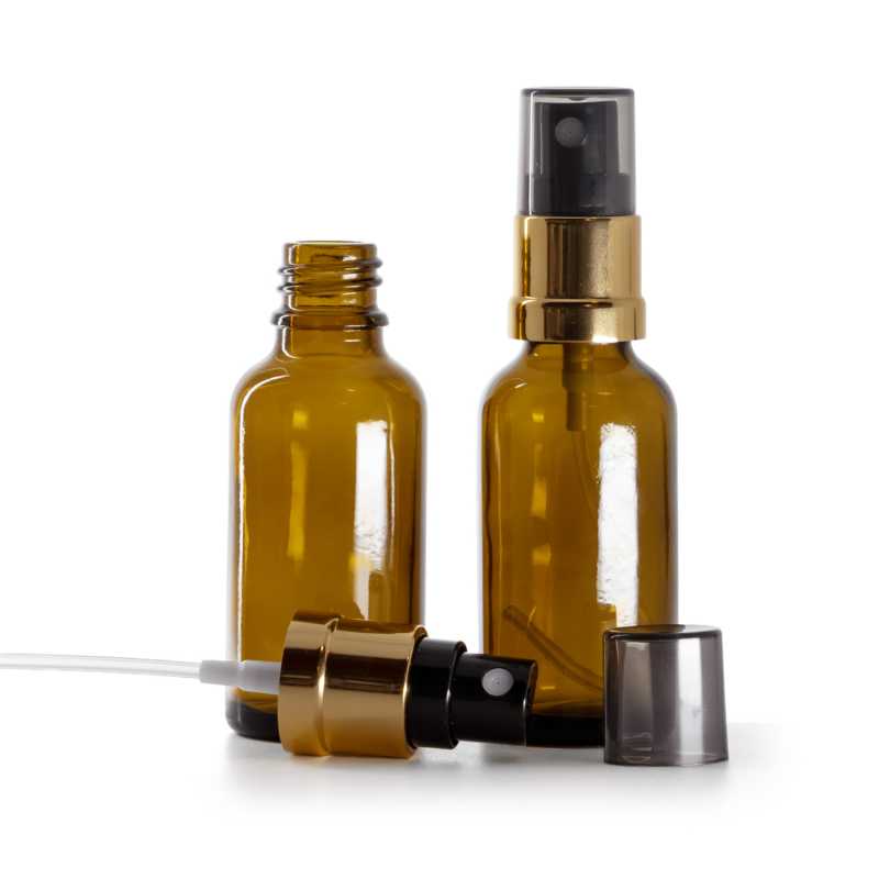 Sklenená liekovka, čierno-zlatý rozprašovač, dymový kryt, 30 ml