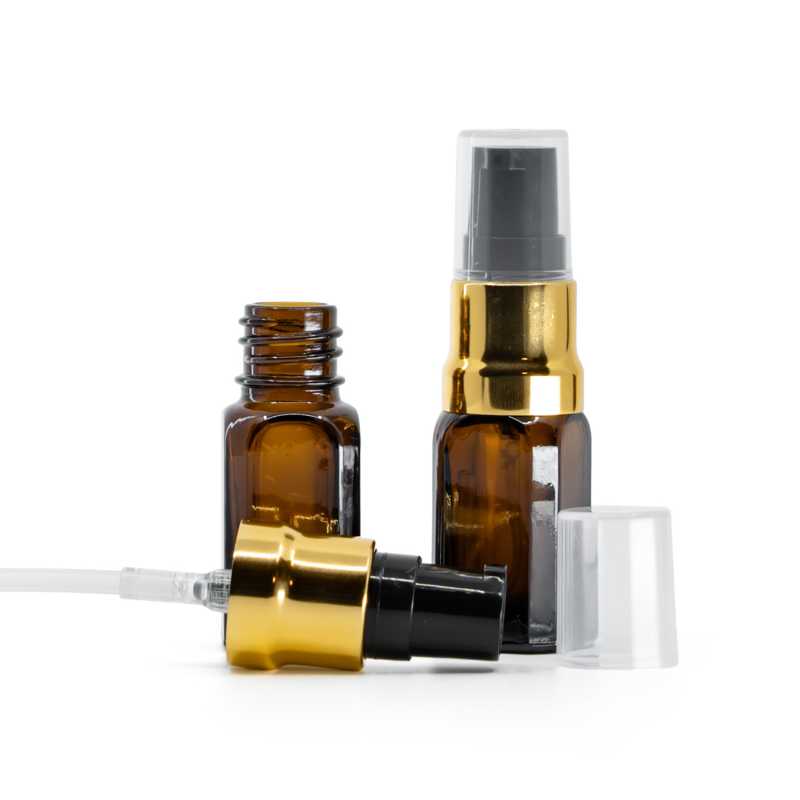 Sklenená liekovka, hranatá rovná, čierno-zlatý lesklý dákovač, priehľadný vrch, 10 ml