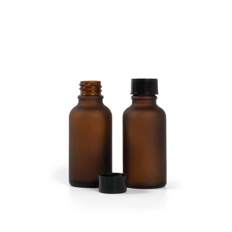 Sklenená liekovka, matná, čierny vrchnák, 30 ml