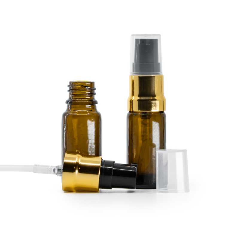 Sklenená liekovka typ B vysoká, hnedá, čierno-zlatý lesklý dákovač, priehľadný vrch, 10 ml