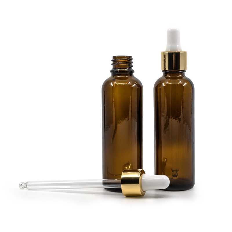 Elegantná vysoká sklenená liekovka s objemom 50 ml. 
Sklenená fľaška, tzv. liekovka, je vyrobená z hrubého skla tmavohnedej farby. Slúži na uchováva