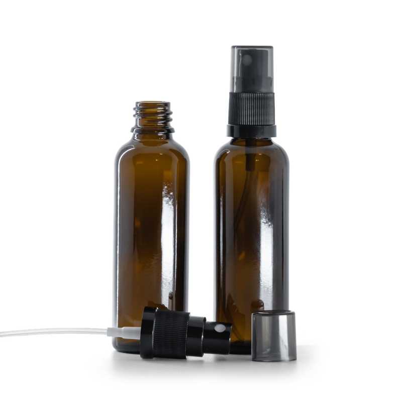 Sklenená liekovka, vysoká, čierny rozprašovač, dymový kryt, 50 ml