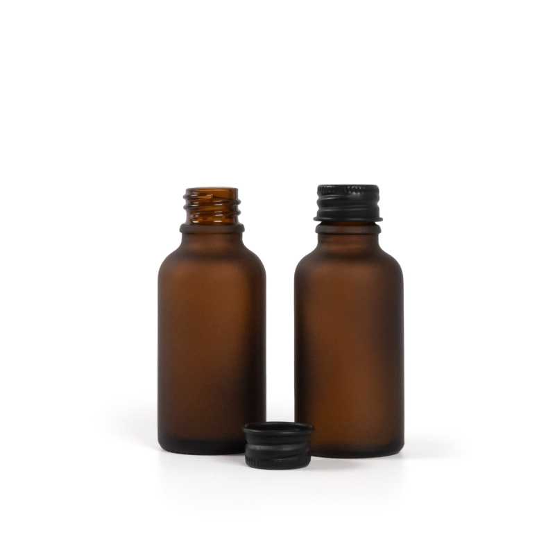 Sklenená matná liekovka, čierny hliníkový vrchnák, 30 ml