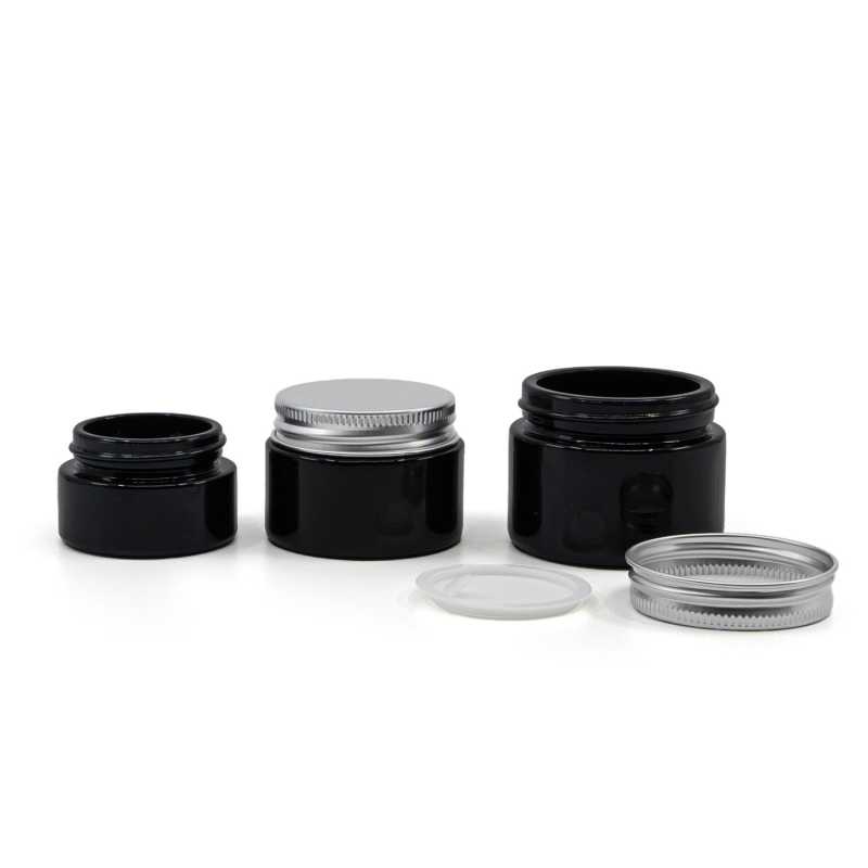 Sklenený kelímok, čierny lesklý, hliníkový vrchnák, 15 ml