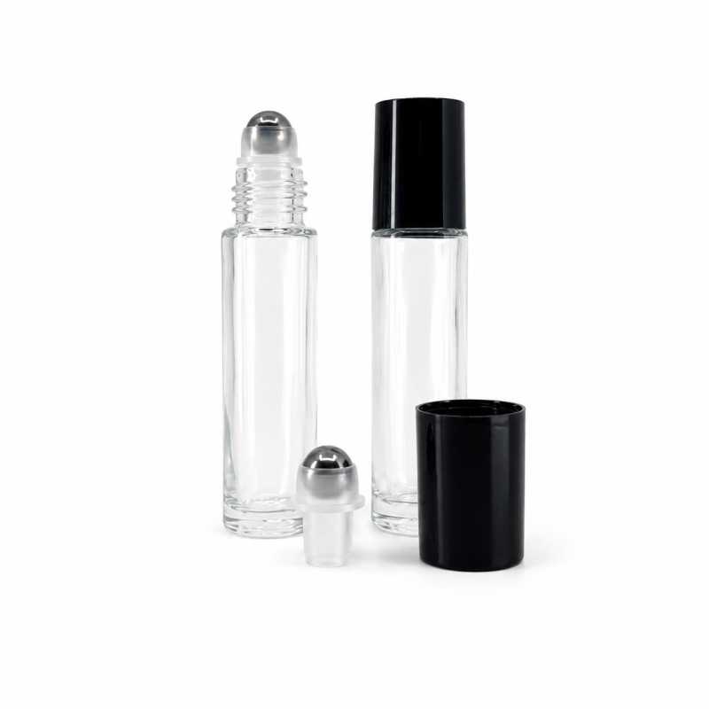 Sklenený roll-on priehľadný, čierny vrchnák, kovová gulička, 10 ml