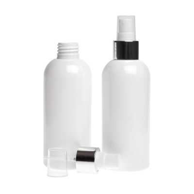 Plastová fľaša biela, biely rozprašovač, strieborná lesklá obruč, 300 ml