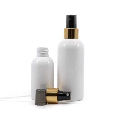 Plastová fľaša biela, čierny rozprašovač, zlatá lesklá obruč, 200 ml