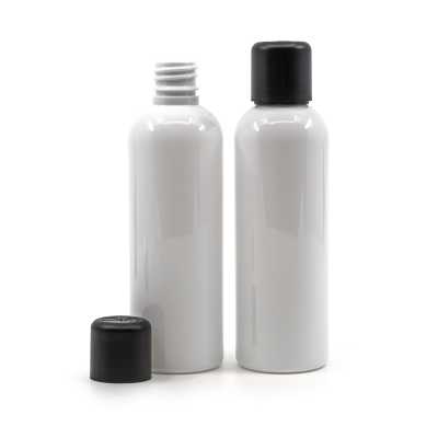 Plastová fľaša biela, čierny vrchnák s poistkou, 100 ml