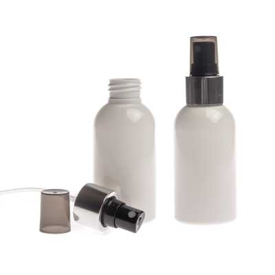Plastová fľaša biela, rozprašovač čierny, strieborná lesklá obruč, 100 ml