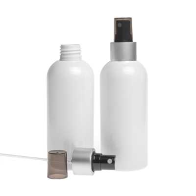 Plastová fľaša biela, rozprašovač čierny, strieborná matná obruč, 200 ml