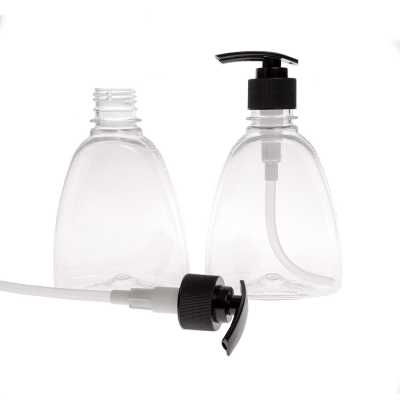 Plastová fľaša na tekuté mydlo, priehľadná, čierny dávkovač, 300 ml