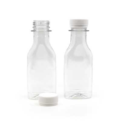 Plastová fľaša, plochá, priehľadná, biely vrchnák, 50 ml