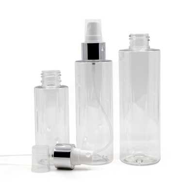 Plastová fľaša priehľadná, biely rozprašovač, strieborná lesklá obruč, 100 ml