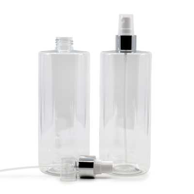 Plastová fľaša, priehľadná, biely rozprašovač, strieborná lesklá obruč, 500 ml  