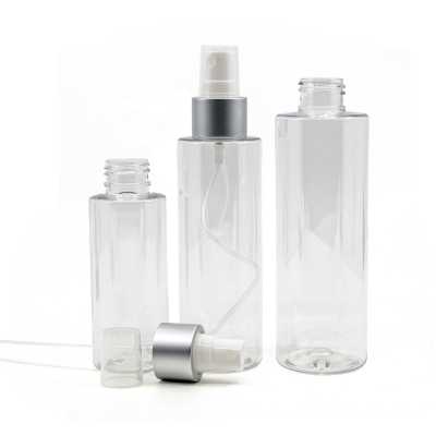 Plastová fľaša priehľadná, biely rozprašovač, strieborná matná obruč, 100 ml