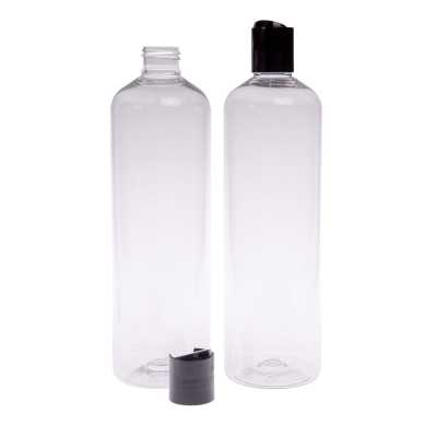 Plastová fľaša, priehľadná oblá, disc top čierny, 500 ml