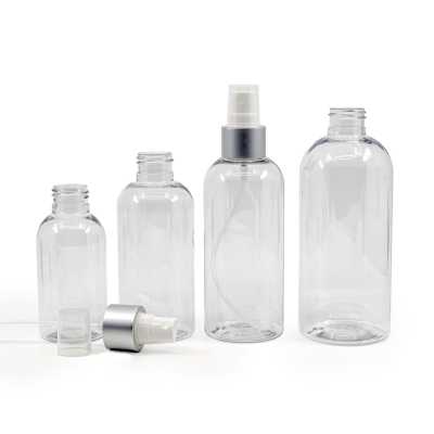 Plastová fľaša priehľadná okrúhla, biely rozprašovač, strieborná matná obruč, 200 ml