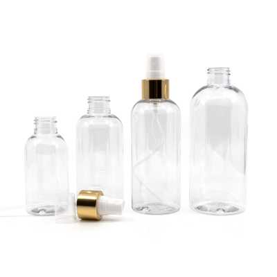 Plastová fľaša priehľadná okrúhla, biely rozprašovač, zlatá lesklá obruč, 150 ml