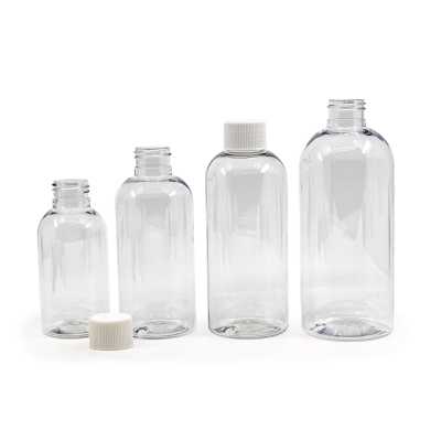 Plastová fľaša priehľadná okrúhla, biely vrchnák, 200 ml