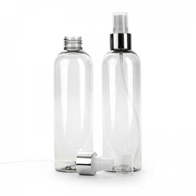 Plastová fľaša, recyklovaná, biely rozprašovač, strieborná lesklá obruč, 250 ml