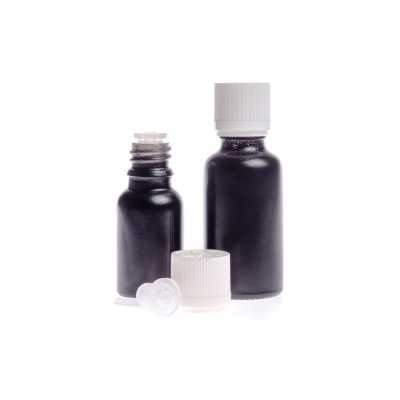 Sklenená fľaška, čierna, biely vrúbkovaný vrchnák s poistkou, 15 ml