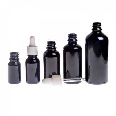 Sklenená fľaška, čierna lesklá, biele lesklé kvapátko, 15 ml