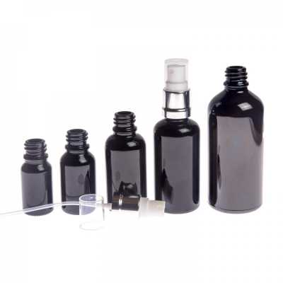 Sklenená fľaška, čierna lesklá, bielo-strieborný rozprašovač, 10 ml