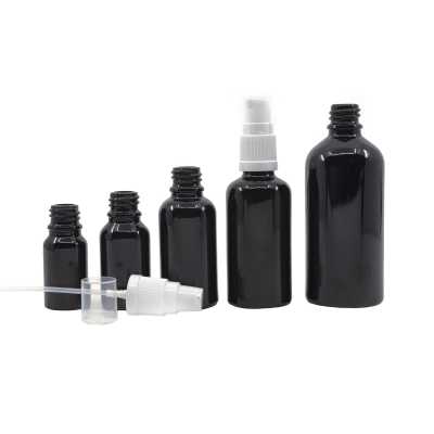 Sklenená fľaška, čierna lesklá, biely dávkovač, 30 ml