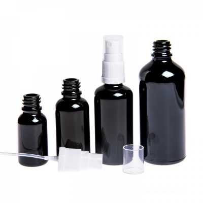 Sklenená fľaška, čierna lesklá, biely rozprašovač, 10 ml