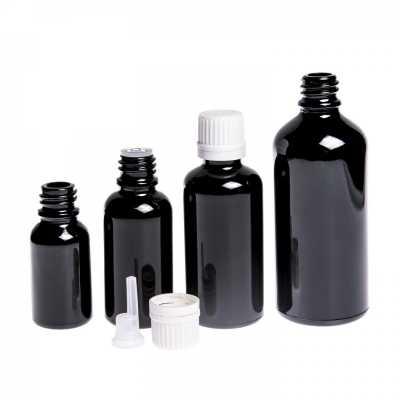 Sklenená fľaška, čierna lesklá, biely vrchnák s kvapátkom, 10 ml