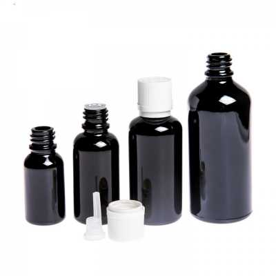 Sklenená fľaška, čierna lesklá, biely vrúbkovaný vrchnák s poistkou, 10 ml
