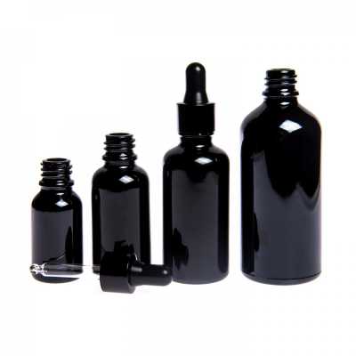 Sklenená fľaška, čierna lesklá, čierne lesklé kvapátko, 15 ml