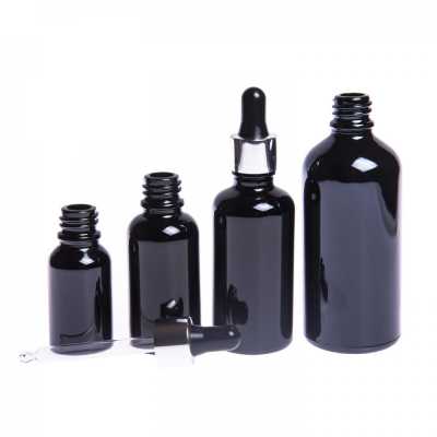 Sklenená fľaška, čierna lesklá, čierno-strieborné kvapátko, 10 ml