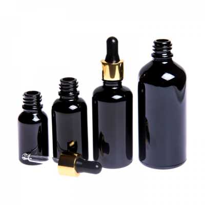 Sklenená fľaška, čierna lesklá, čierno-zlaté kvapátko, 10 ml