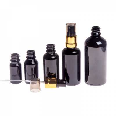 Sklenená fľaška, čierna lesklá, čierno-zlatý rozprašovač, 10 ml