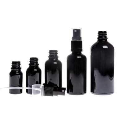 Sklenená fľaška, čierna lesklá, čierny rozprašovač, 10 ml