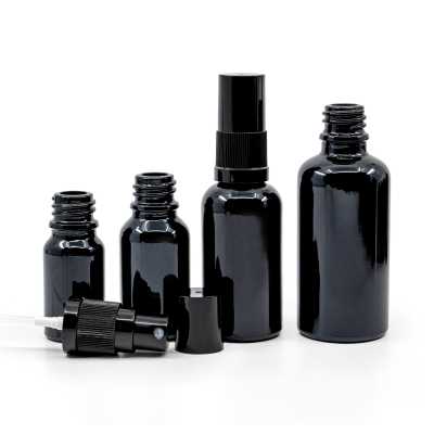 Sklenená fľaška, čierna lesklá, čierny rozprašovač, čierny vrch, 15 ml