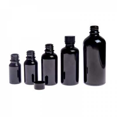 Sklenená fľaška, čierna lesklá, čierny vrchnák, 10 ml