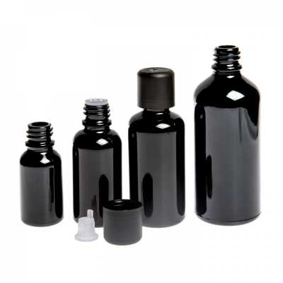 Sklenená fľaška, čierna lesklá, čierny vrchnák s poistkou, 10 ml