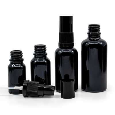 Sklenená fľaška, čierna lesklá, dávkovač krému s čiernym vrchom 15 ml