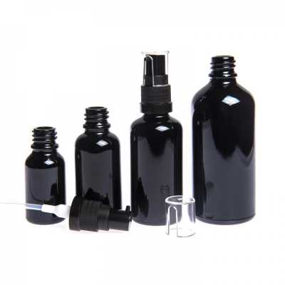 Sklenená fľaška, čierna lesklá, dávkovač olejov, 10 ml