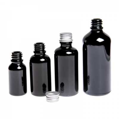 Sklenená fľaška, čierna lesklá, hliníkový vrch, 10 ml