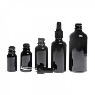 Sklenená fľaška, čierna lesklá, matné čierne kvapátko, 30 ml