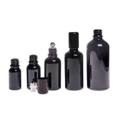 Sklenená fľaška, čierna lesklá, roll-on, 10 ml
