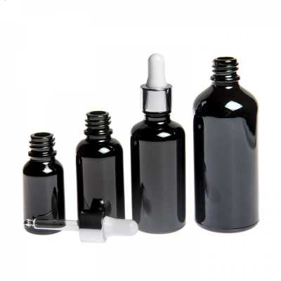 Sklenená fľaška, čierna lesklá, strieborné lesklé kvapátko, 10 ml