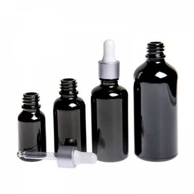 Sklenená fľaška, čierna lesklá, strieborné matné kvapátko, 10 ml