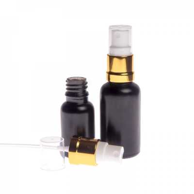 Sklenená fľaška, čierna matná, bielo-zlatý rozprašovač, 15 ml