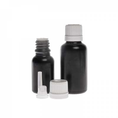Sklenená fľaška, čierna matná, biely vrchnák s kvapátkom, 15 ml