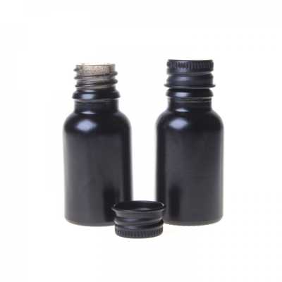 Sklenená fľaška, čierna matná, čierny hliníkový vrchnák, 15 ml