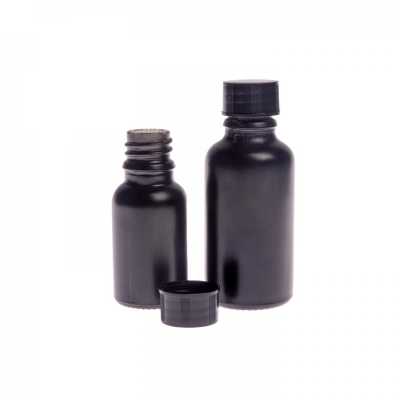 Sklenená fľaška, čierna matná, čierny vrchnák, 15 ml